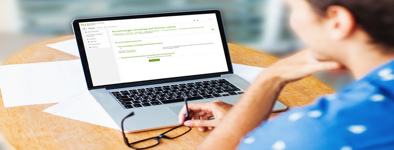 Studierende am Laptop Studierende sitzt am Arbeitsplatz und schaut auf den Laptop.